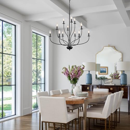 Black Chandelier 12 Light, Large Modern Farmhouse Chandeliers for Dining Room, Industrial Candle Pendant Lighting Fixture for Foyer Hallway Entryway High Ceiling, Bedroom, Living Room, Kitchen E12