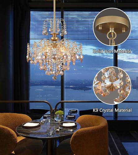 Modern Gold Crystal Chandelier Amber Crystal Pendant Light 6 Lights for Bedroom Dining Room Entryway Hallway Office Bathroom UL Listed