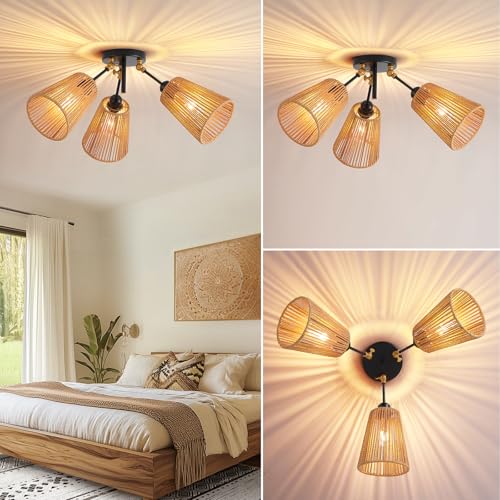 3 Light Rattan Boho Ceiling Light Adjustable Farmhouse Fixture (1 Pack 3-Light)