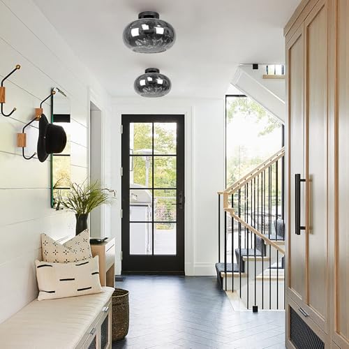 Matte Black Semi Flush Mount Ceiling Fixture 11" Hammered Glass Shade Modern Close to Ceiling Lighting 1