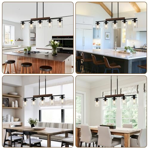 36.2‘’ Kitchen Lighting, 5-Light Dining Room Light Fixture Chandelier Over Table, Black Modern Rustic Wood Ceiling Pendant Light Fixtures, with Clear Glass Shade, Farmhouse Chandelier