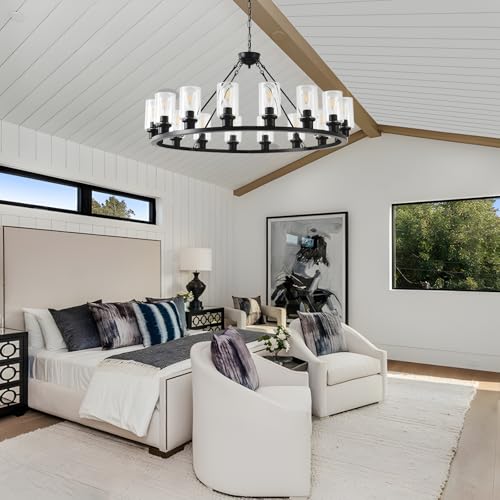 Black Wagon Wheel Chandelier 40 Inch Modern Farmhouse Glass Pendant Light 16 (16 Count)
