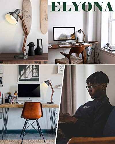 Modern Sapele Wood Desk Lamp with Upgraded Wireless Charger & USB C Charging Port Swing Arm Table Lamp Bedside Reading Task Light for Dorm Office Bedroom Living Room LED Bulb Included Black