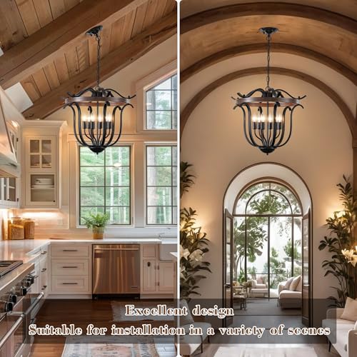 20" Black Farmhouse Chandelier for Dining Room 6 Light Cage Light Fixture