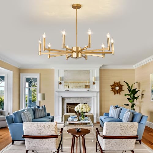 10 Light Gold Candle Chandeliers Modern Farmhouse Ceiling Light Fixture Industrial Lighting for Dining Room Living Room Bedroom Kitchen