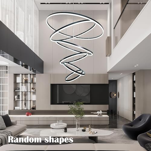 6 Rings Pendant Lights 47.2'' Modern Black Led Chandelier Dimmable Height Adjustable Chandeliers Color Temperature Black Chandelier Led Pendant Light for Dining Room Bedroom Entryway