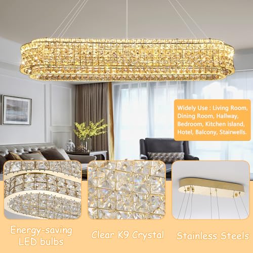 L47 x W12 Modern Chandeliers for Dining Room LED Dimmable Pendant Lighting Ceiling Chandelier Crystal Rectangle Light Fixtures Gold