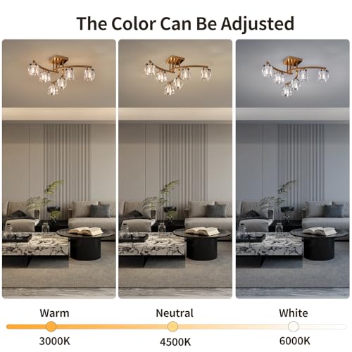 6 Light Modern Sputnik Ceiling Light Fixture Farmhouse Crystal Semi Flush Mount Ceiling Light Gold Chandeliers for Dining Room Living Room Kitchen Island Bedroom Entryway