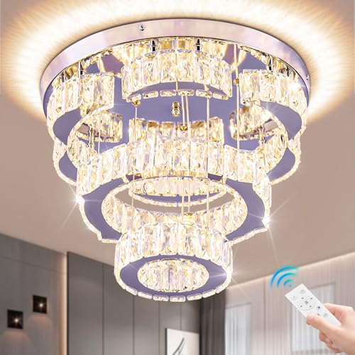 15.7" 2 Ring Flower Crystal Flush Mount Ceiling Light Dimmable remote