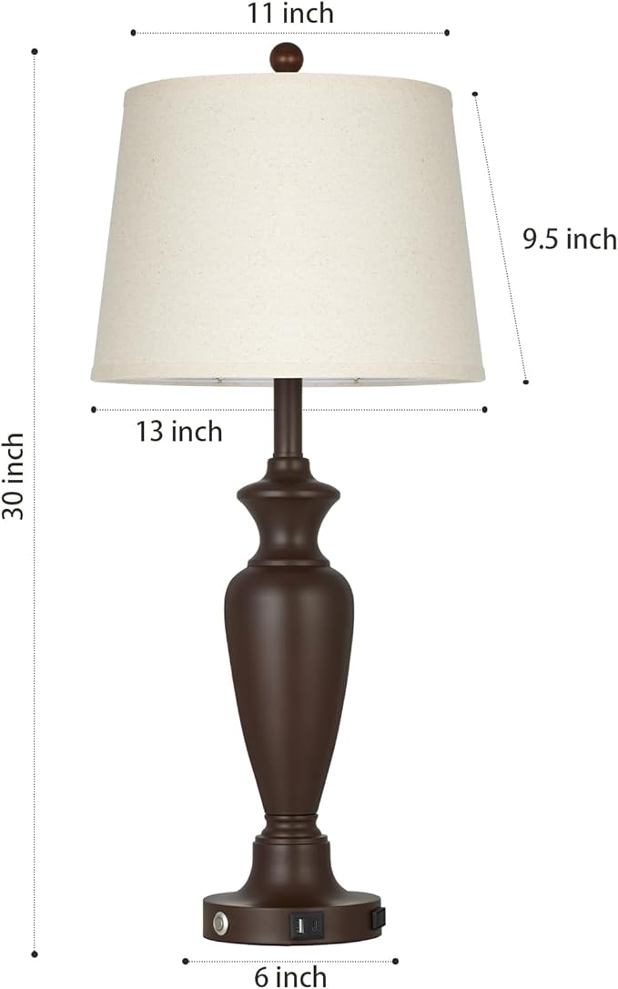 30" Tall Brown Table Lamps Set of 2 for Living Room, Touch Control Bedside Lamps for Bedroom Nightstand, 3-Way Dimmable Farmhouse Lamps with Charging Ports (2 LED Bulbs Included)
