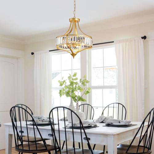 Gold Chandeliers for Dining Room Modern Round Crystal 4 Lights Rustic Pendant Lighting Fixture with Metal Lampshade for Living Room Hallway Bedroom Foyer