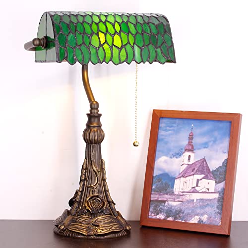 Tiffany Banker Lamp Small Stained Glass Table Lamp Green Wisteria Leaf