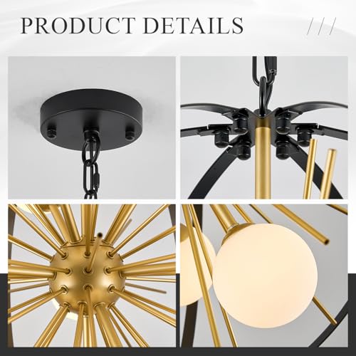 24" 9 Light Black Gold Sputnik Chandelier with Milk Glass Shade