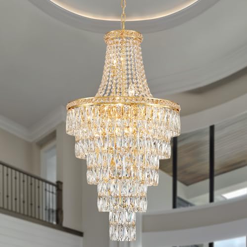 Gold Crystal Chandeliers 13 Lights Luxury Modern Chandelier for High Ceilings Large Pendant Light Fixture Foyer Staircase Hallway Entryway Living Room Hall Lobby 40" H x 21.7" D (13 Count)