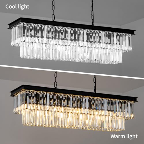 Black Crystal Chandelier for Dining Room Light Fixture Rectangle Modern Farmhouse Chandelier Contemporary Pendant for Kitchen Island Living Room Long Chandelier Rectangular Lighting