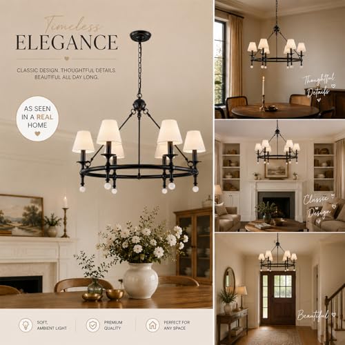 6 Light W34 Inch Matte Black Statement Chandelier with White Pleated Fabric Shades and Alabaster Finials Large Round Designer Lighting for Dining Room Living Room