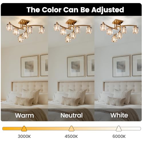 6 Lights Semi Flush Mount Ceiling Light Black and Gold Ceiling Fixture Farmhouse Dining Room Light Fixture with K9 Crystal Shades Modern Chandelier for Living Room Bedroom Entryway