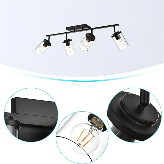 BONLICHT Ceiling Spotlights Track Lighting Kit 4 Light Bathroom Vanity Lighting Black Modern Multi-Directional Ceiling Mount Fixture Industrial Farmhouse Sconces Wall Mount Lamp with Clear Glass Shade - Aura Lighting