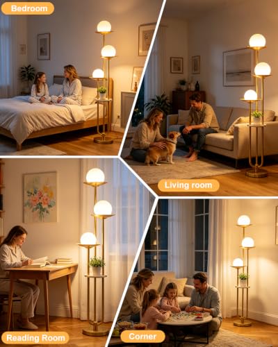 3 Light Globe Floor Lamp with Shelf Modern Dimmable Floor Lamps for Reading (3 Count)