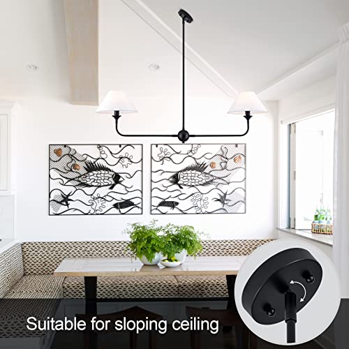 Modern Linear Chandelier, 2-Light Linear Kitchen Island Lighting Fixture with Off-White Fabric Shade, Rustic Pendant Light for Dining Room Bedroom