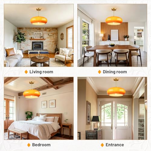 Large Glass Semi Flush Mount Ceiling Light 15.7″Dome Orange Shade