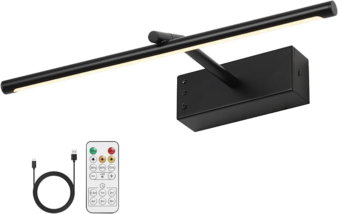 Wireless Picture Lights, 16in Black Battery Operated Wall Sconce, 3 Color Temperature Dimmable and Timer Wireless Picture Light with Remote for Display, Artwork, Gallery