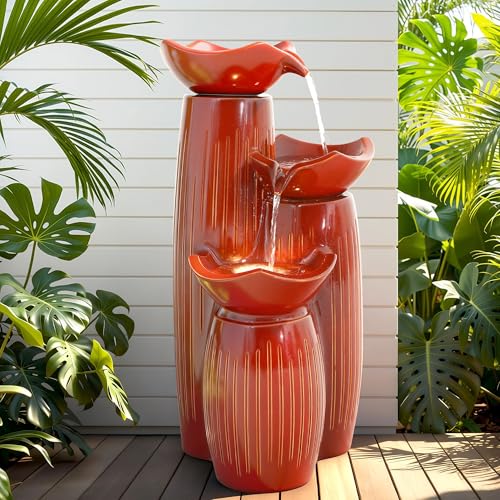 30" Ceramic Outdoor Water Fountain with LED Lights