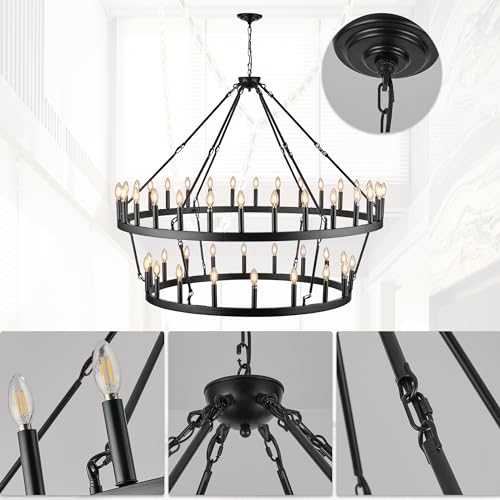 Rustic Farmhouse Black Wagon Wheel Chandelier Large Chandeliers for High Ceilings 2 Tier 48 Lights 55 Inch for Dining Room Living Room Foyer Porch Kitchen Island