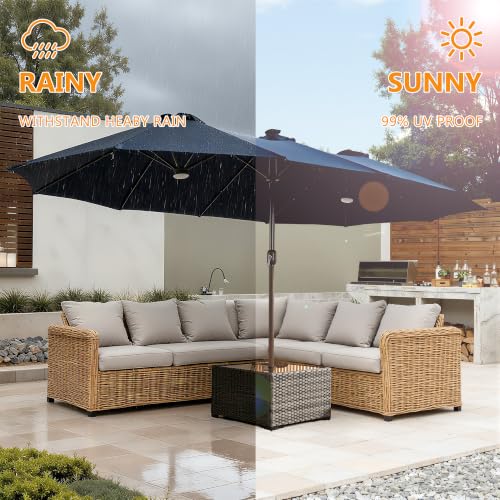 15FT Double Sided Rectangular Patio Umbrella with USB Rechargeable Warm LED Lights