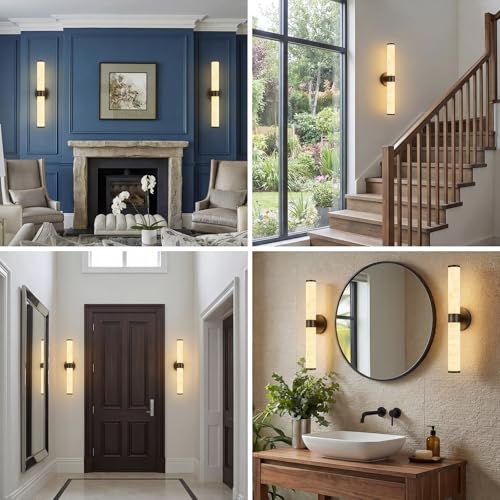 Natural Alabaster Wall Sconces Set of Two Modern Black LED Wall Lights 24" Spanish Marble Cylinder Sconces for Living Room Bedroom Bathroom Hallway Staircase (2 Count)