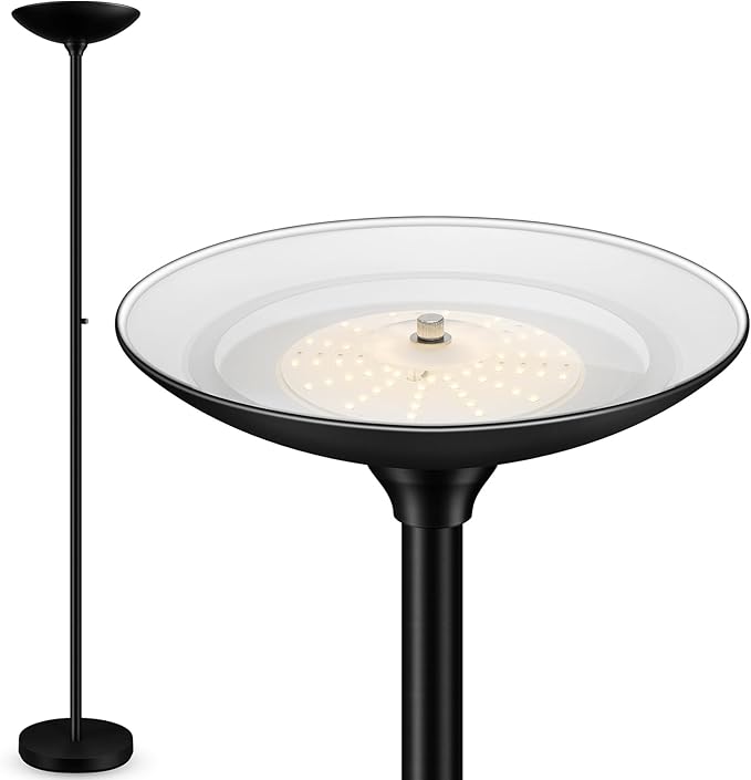 30W Torchiere Floor Lamp - 3600LM Super Bright LED Floor Lamp, 71 Inch Stepless Dimmable Standing Lamp with 3000K Lighting, Rotary Switch, Tall Metal Torch Floor lamps for Living Room/Bedroom (Black) - Aura Lighting