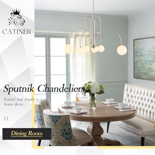Modern 40" 6 Light Nickel Sputnik Chandelier with Milk Glass Globe