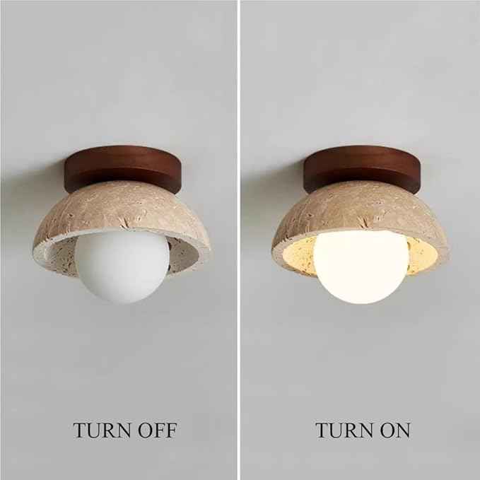 Wabi-Sabi Flush Mount Ceiling Light, Nordic Minimalist Travertine-Look Shade & Wood Base, Natural Globe LED Ceiling Lamp, Earthy Indoor Lighting for Bedroom, Hallway, Entryway Decor.