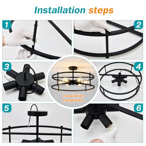 Large Semi Flush Mount Ceiling Light Fixture Black Cage Ceiling Light 6 Light Chandelier for Kitchen Dining Room Entryway Living Room Bedroom Foyer