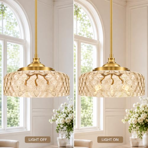 Gold 3 light Pendant Lights Kitchen Island with Hammered Glass over Sink