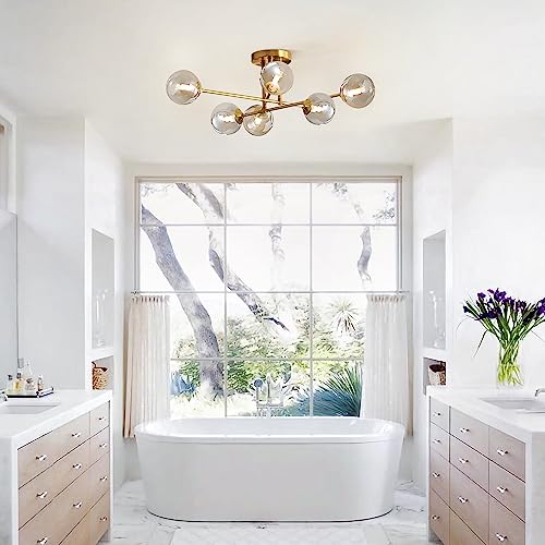 Modern 6 Lights Globe Sputnik Flush Mount Ceiling Light Fixture Mid Century Gold Metal Semi Flush Mount Ceiling Light Farmhouse Smoke Gray Glass Bedroom Ceiling Lamp
