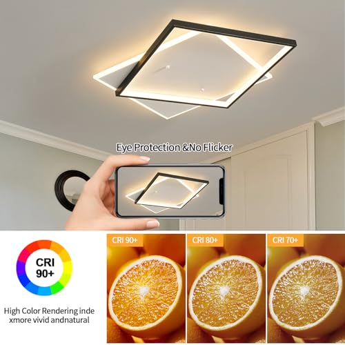 Black Modern LED Bedroom Ceiling Light Dimmable Flush Mount Ceiling Light Fixture 22" Square Ceiling Lamp with Remote Control Kitchen Lighting Fixture Ceiling