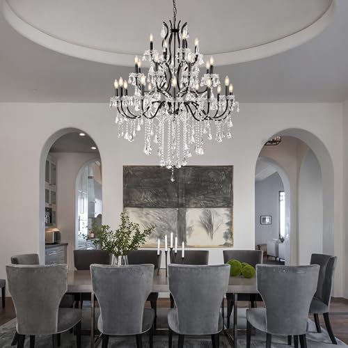 French Country Antique Black Iron Crystal Chandelier