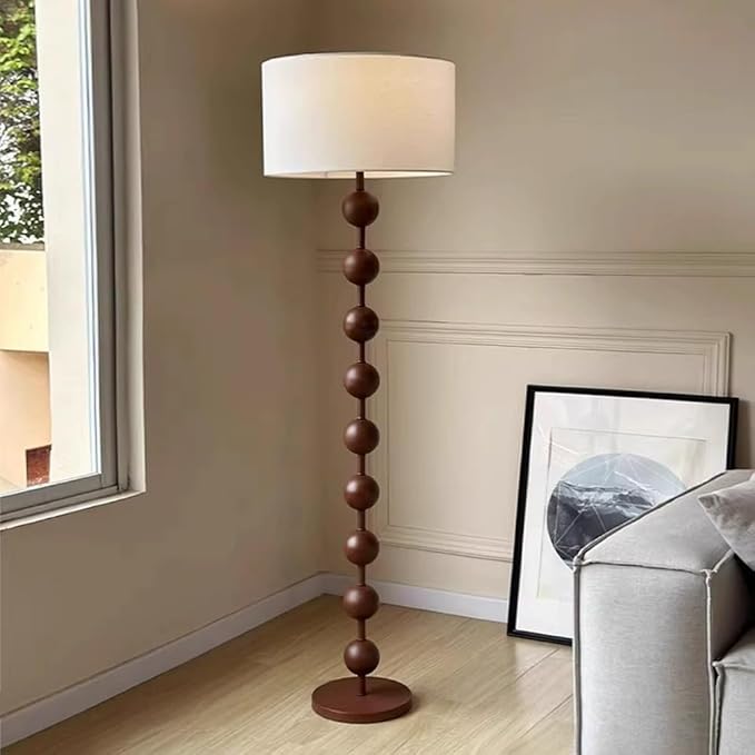 Wabi-sabi 63" Round Fabric Floor Lamp Walnut Iron Floor Light Cloth Standing Lamp with E26 Dimmable Spherical Body Tall Light for Living Room Bedroom Study Office