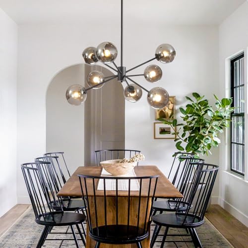 8 Lights Mid Century Modern Matte Black Chandelier Glass Globe Sputnik Chandelier Large Smoke Gray Ball Sputnik Hanging Pendant Light Kitchen Island Living Room Dining Room Bedroom Light Fixture