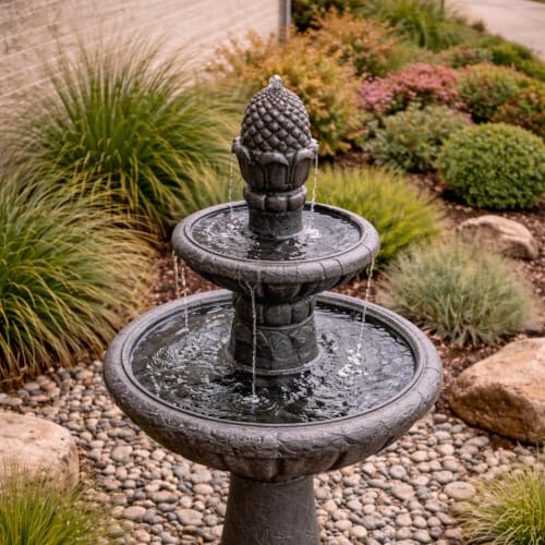 Deluxe Pineapple Pedestal 2 Tiered Floor Waterfall Fountain with Pump for Outdoor Patio Garden Backyard Decking