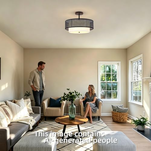 16" Black Rattan Ceiling Light