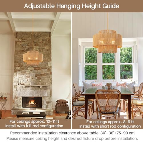 24'' Boho Rattan Chandelier, 4-Light Hand-Woven Wicker Pendant Lamp, Rustic Modern Ceiling Light Fixture for Dining Room, Kitchen Island, Living Room, Bedroom, Foyer, Entryway, Over Table