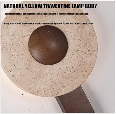 Modern LED Wall Sconce, Backlit Travertine Stone Disc & Dark Wood Arm, Minimalist Hardwired Fixture for Bedroom, Living Room, Hallway Accent Lighting (Small)