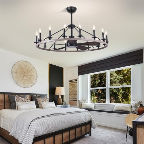 44" Wagon Wheel Chandelier with Fans
