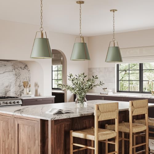 Etcher 13" 1 Light Updated Traditional Pendant with Satin Etched White Glass Diffuser in Heritage Green and Champagne Bronze