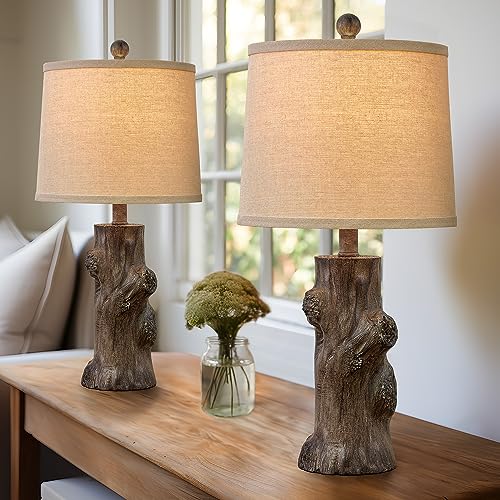 23"Resin Table Lamps for Living Room Set of 2 Country Cottage Farmhouse Lamp for Bedroom Tree Trunk Wood Grain with Oatmeal Fabric Round Shade Vintage Rustic Traditional Nightstand Bedside Lamp