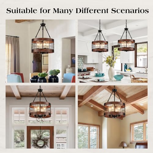 4 Light Farmhouse Drum Wood Pendant Light