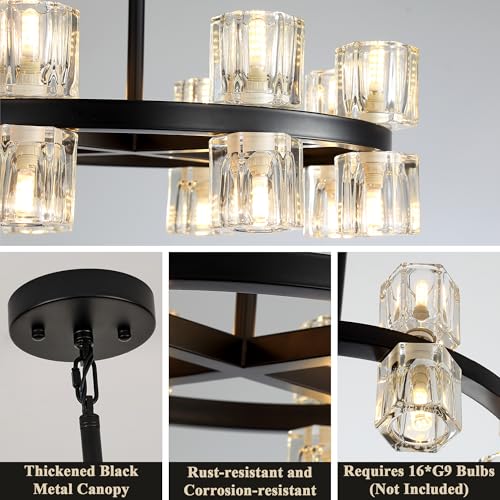 18 Inch Black Wagon Wheel Chandelier with Crystal Shades
