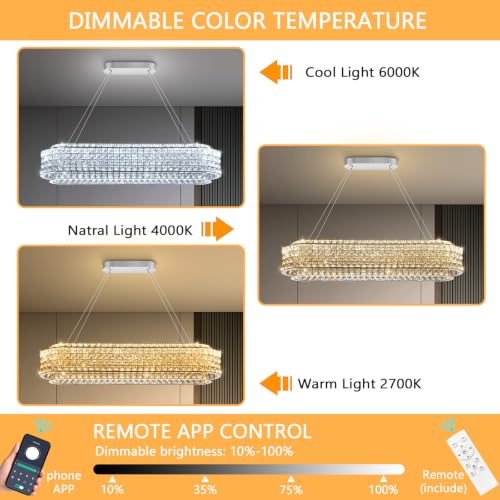 L40 x W12 Modern Chandeliers for Dining Room LED Dimmable Pendant Lighting Ceiling Chandelier Crystal Rectangle Light Fixtures Silver